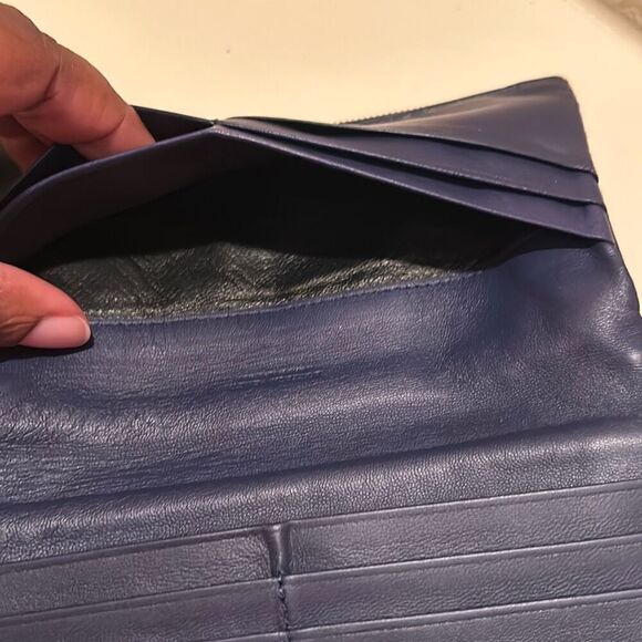 Bottega Veneta Double Zipper Foldover Clutch Wallet Navy Blue Woven Leather - Picture 6 of 14